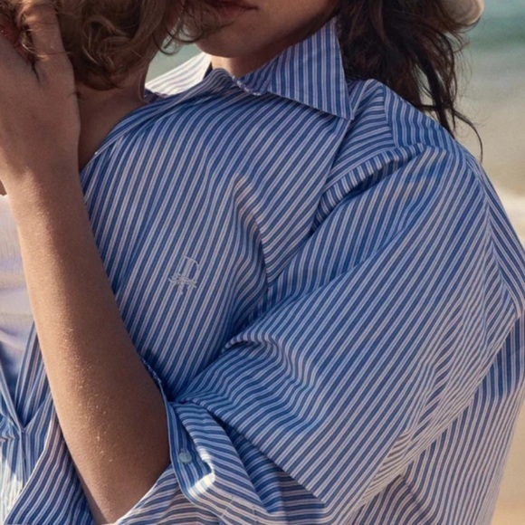 Doen Jora Cotton Poplin Oversized Button Shirt Mini Dress Blue Montauk Stripe - Picture 3 of 13